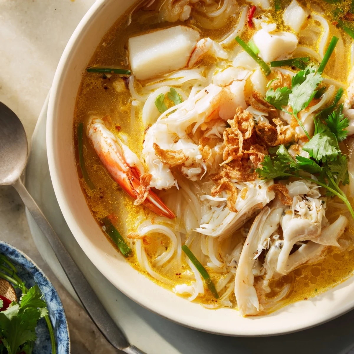 Steaming bowl of Vietnamese banh canh cua with thick tapioca noodles and fresh crab meat in aromatic broth