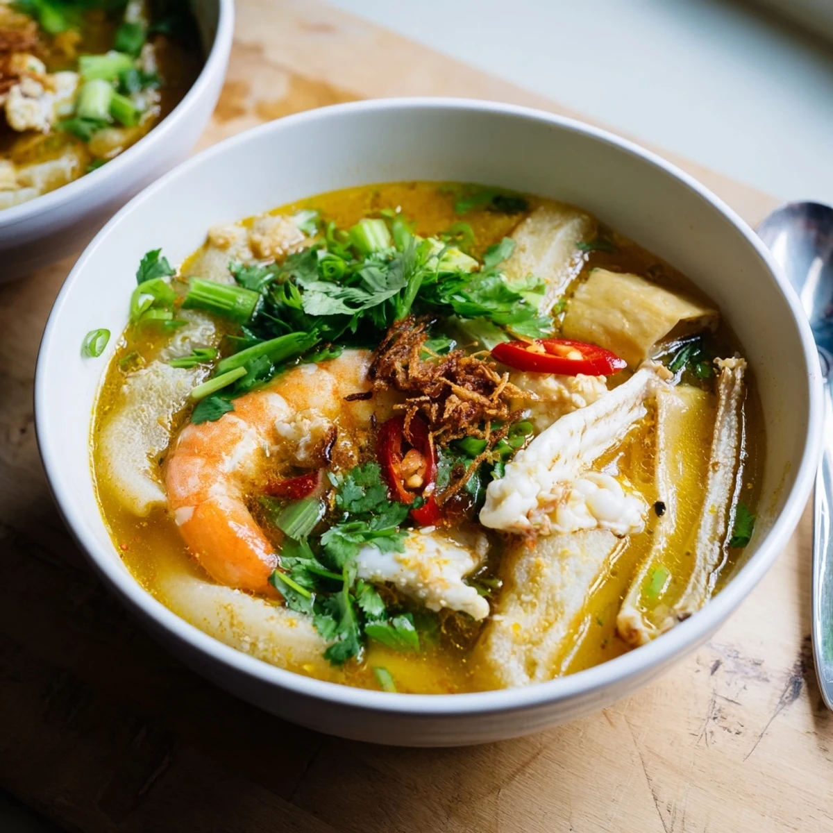 Close up of banh canh cua featuring succulent crab, spring onions, and chewy noodles in rich broth