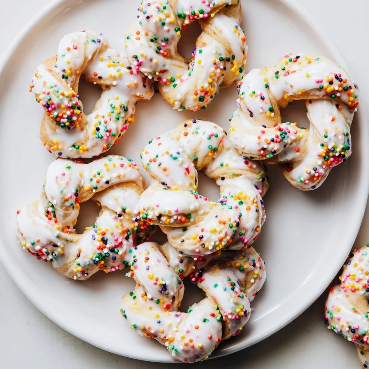 Soft Italian Easter cookies topped with pastel glaze and colorful sprinkles on a white plate