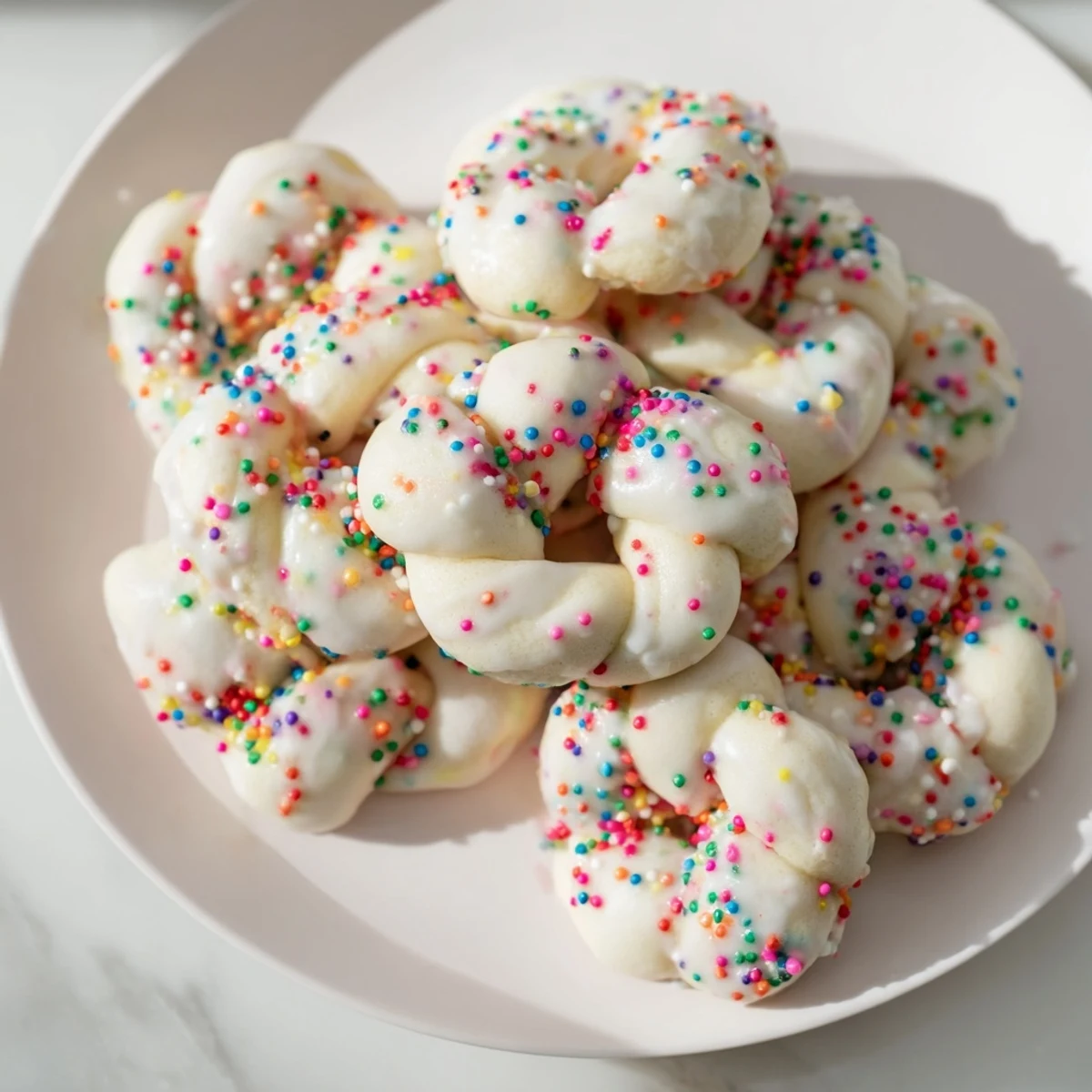 Traditional Italian Easter cookies with lemon zest and smooth vanilla icing garnished with rainbow jimmies