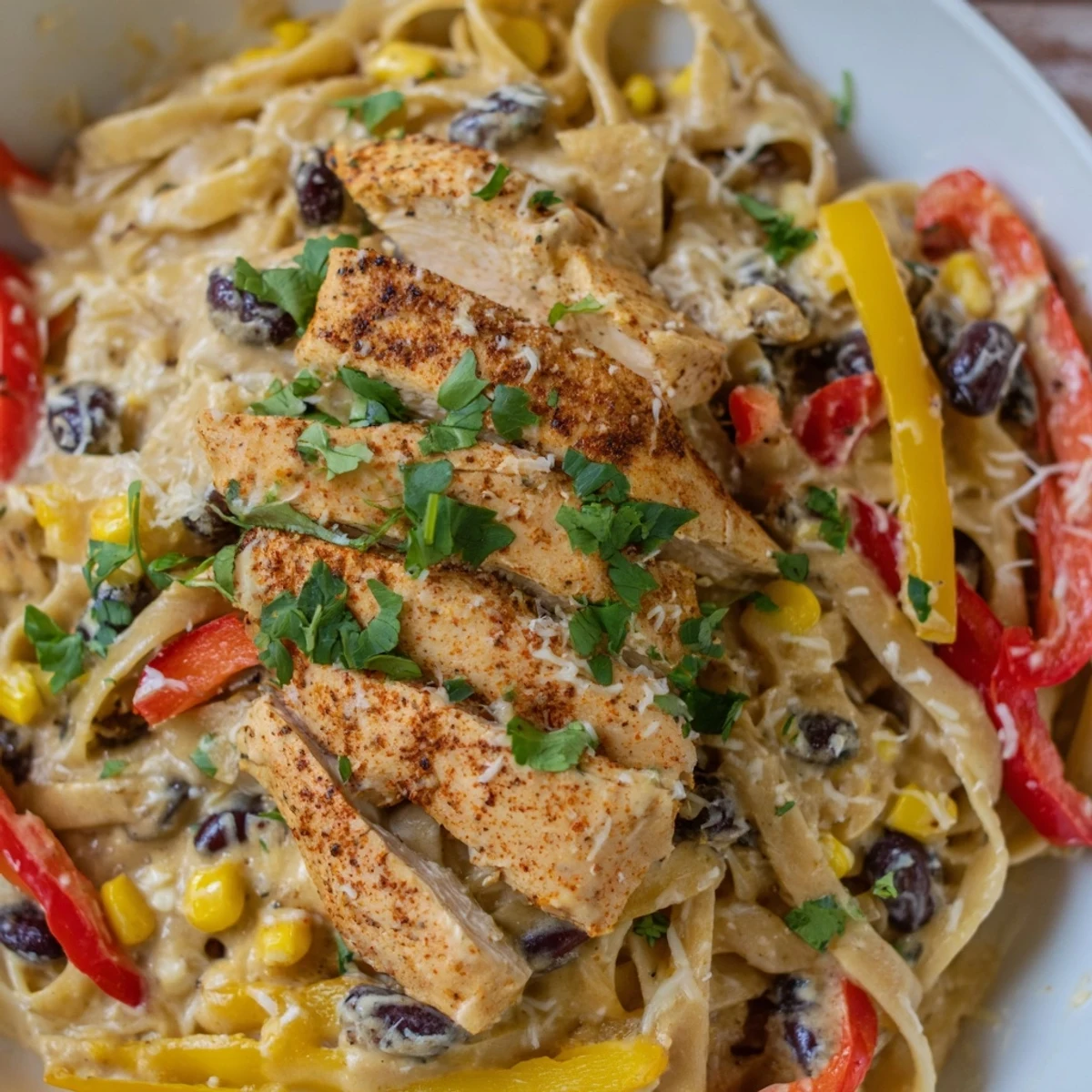 Creamy Southwest chicken Alfredo pasta topped with colorful bell peppers and sliced spiced chicken breast