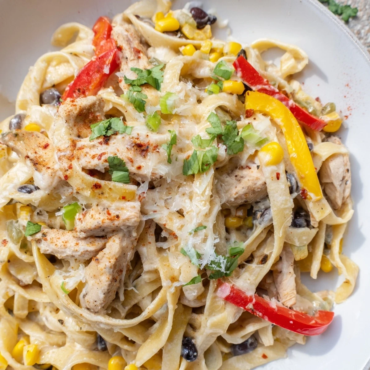 Golden fettuccine tossed in rich Parmesan sauce with tender Southwest spiced chicken and vibrant vegetables