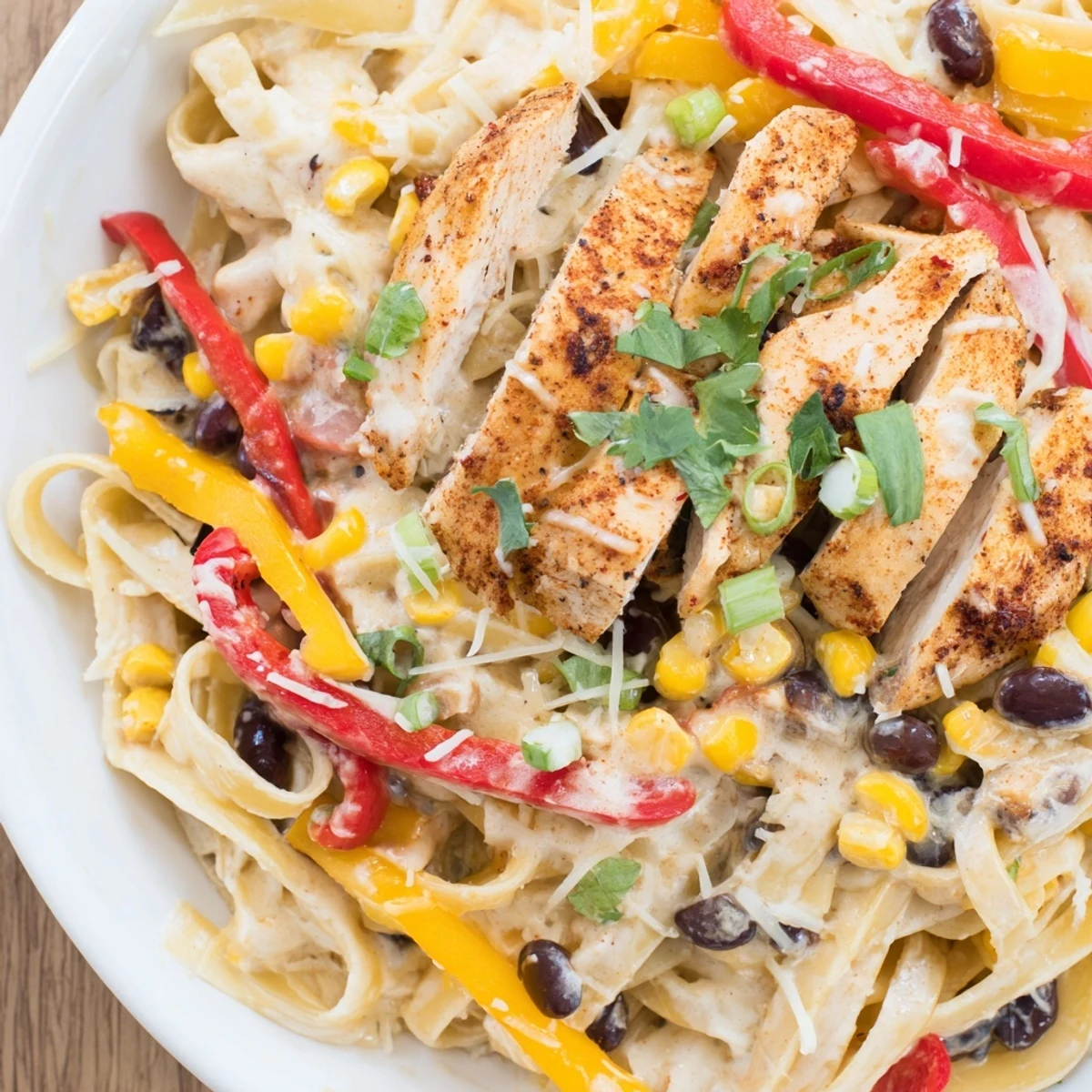 Savory chicken Alfredo pasta dish featuring black beans, corn, red peppers, and creamy white sauce garnished with cilantro