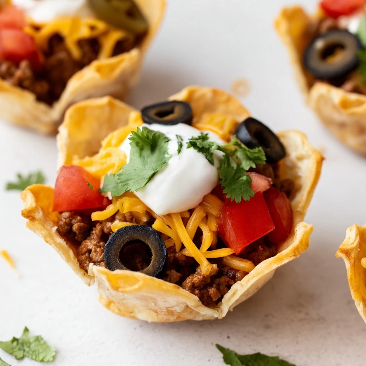 Golden mini taco cups topped with sour cream, diced tomatoes, cilantro, and jalapeño slices for easy appetizers