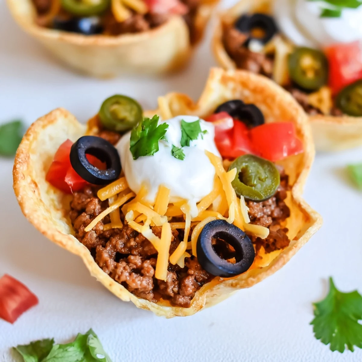 Crispy tortilla cups loaded with spiced ground beef and cheese, garnished with olives and fresh herbs