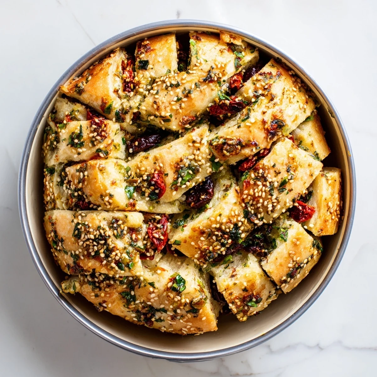 Golden Mediterranean pull-apart bread stuffed with olives, sun-dried tomatoes, and crumbled feta cheese