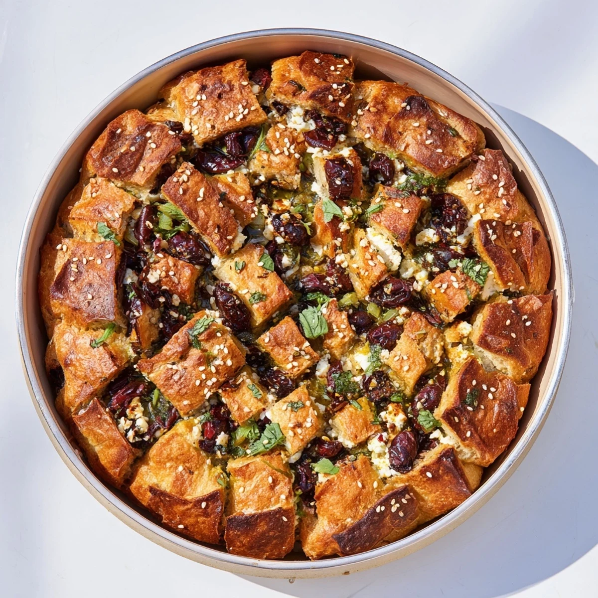 Savory pull-apart bread baked with Mediterranean herbs, Kalamata olives, and feta in a round dish
