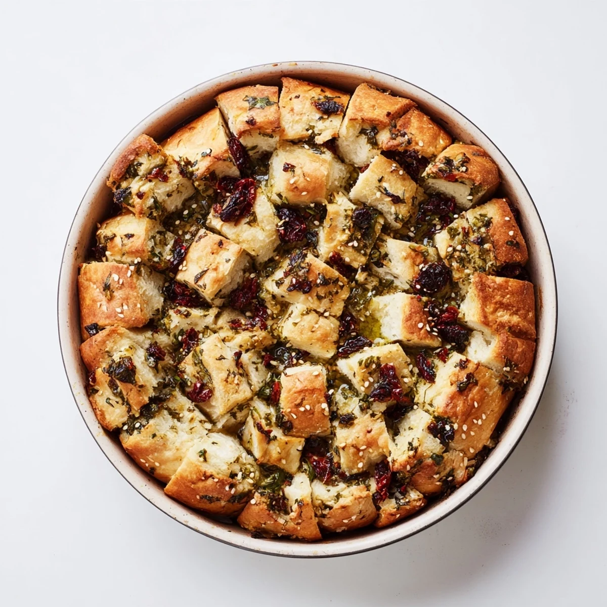 Warm Mediterranean pull-apart bread pieces revealing sun-dried tomatoes and fresh herbs inside golden layers