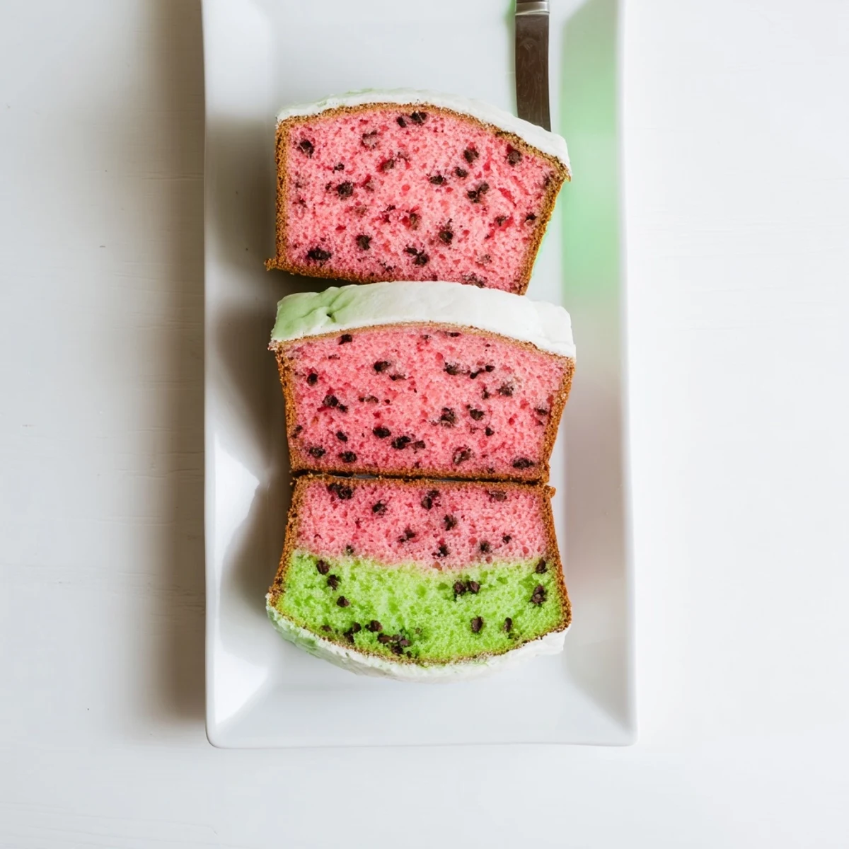 Freshly baked watermelon bread loaf sliced to reveal vibrant green rind and red center speckled with chocolate chip seeds on a wooden board