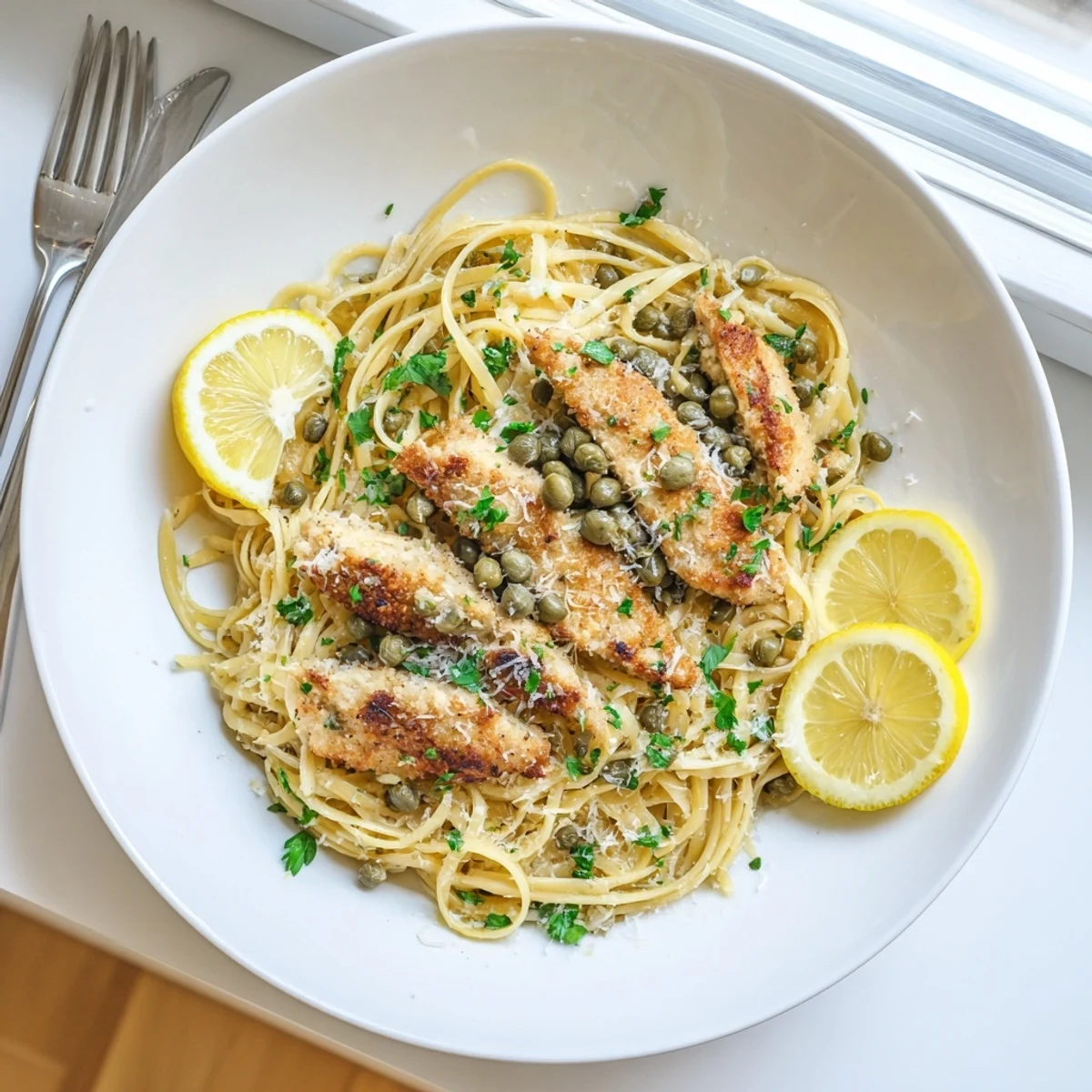 Tender lemon garlic chicken atop pasta swimming in a bright white wine caper sauce