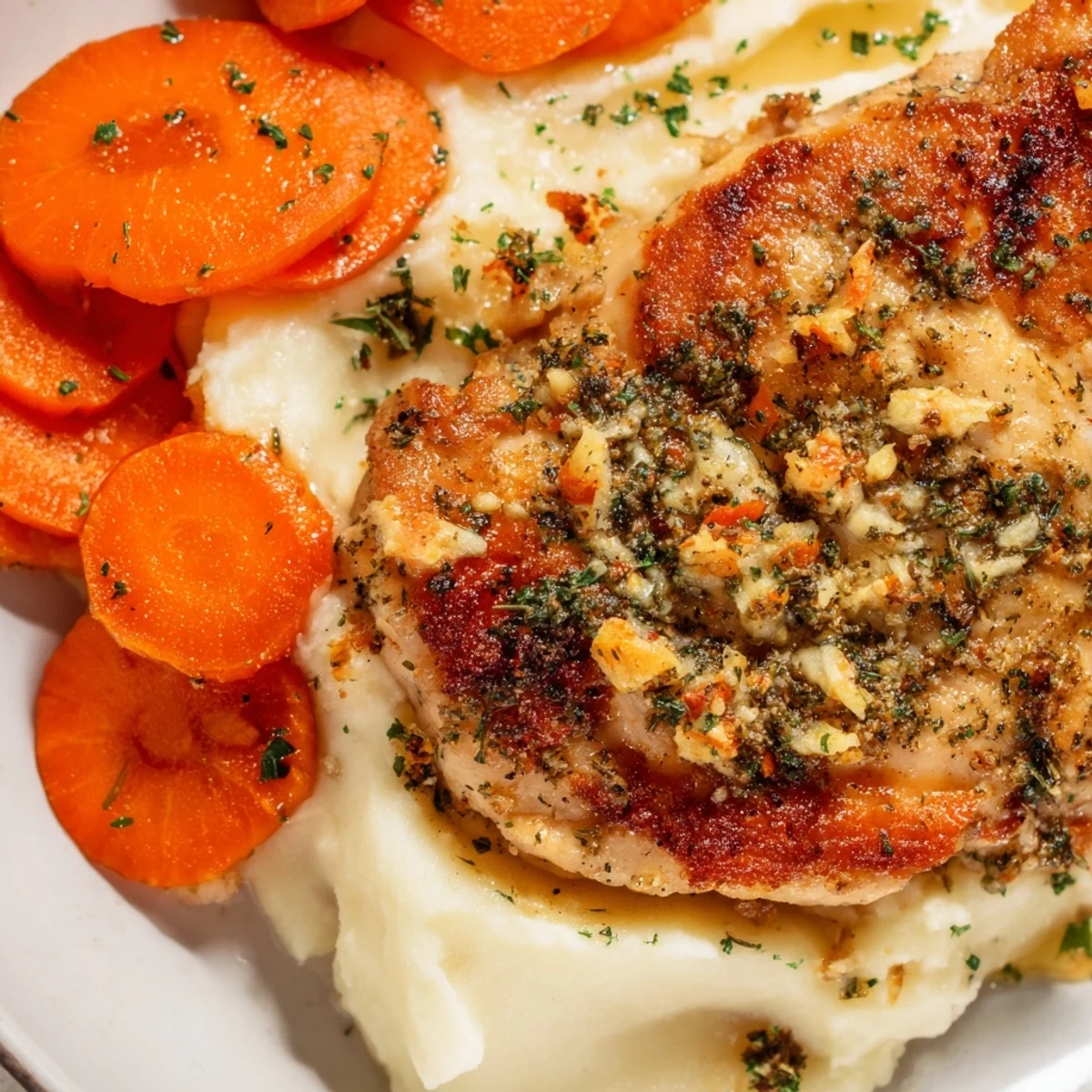 Golden herb-marinated chicken breast plated with fluffy buttery mashed potatoes and honey-glazed carrots