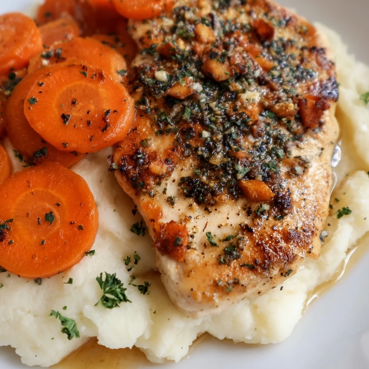 Tender garlic chicken resting on creamy mashed potatoes alongside sweet shiny glazed carrots