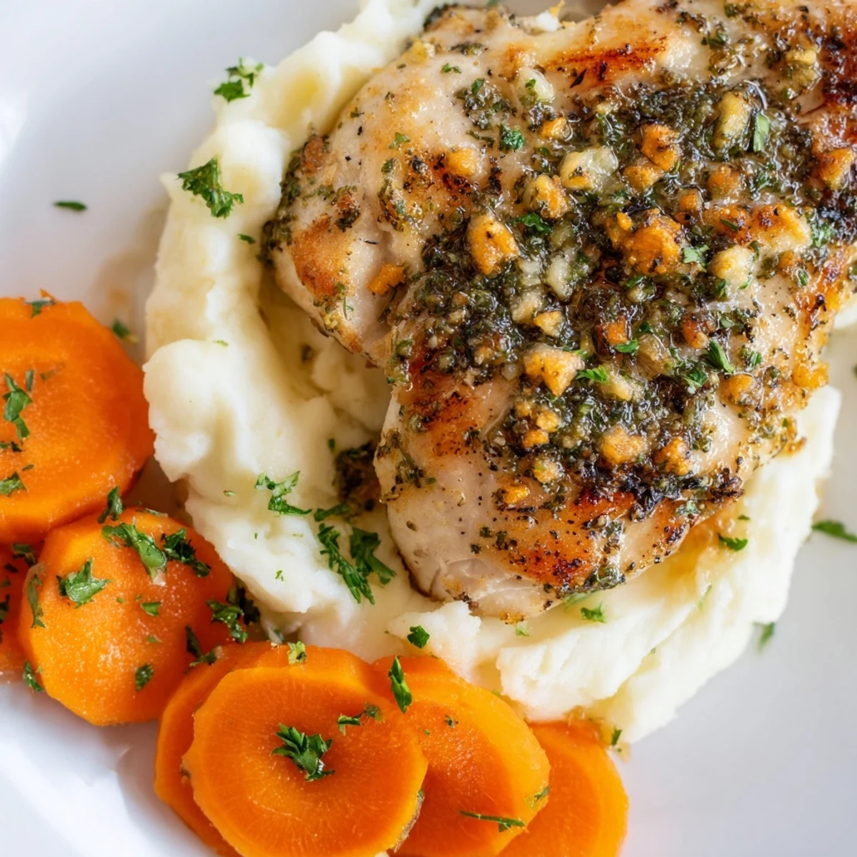 Comforting dinner of juicy herb-seasoned chicken with smooth mashed potatoes and caramelized honey carrots