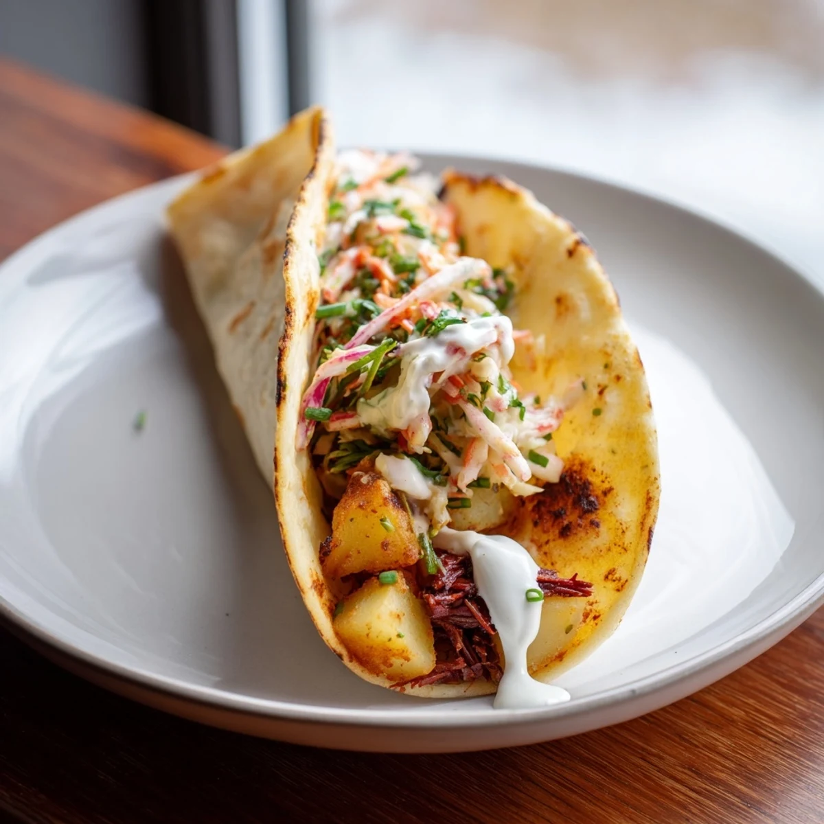 Vibrant Irish tacos featuring crunchy cabbage slaw atop seasoned corned beef in soft tortillas