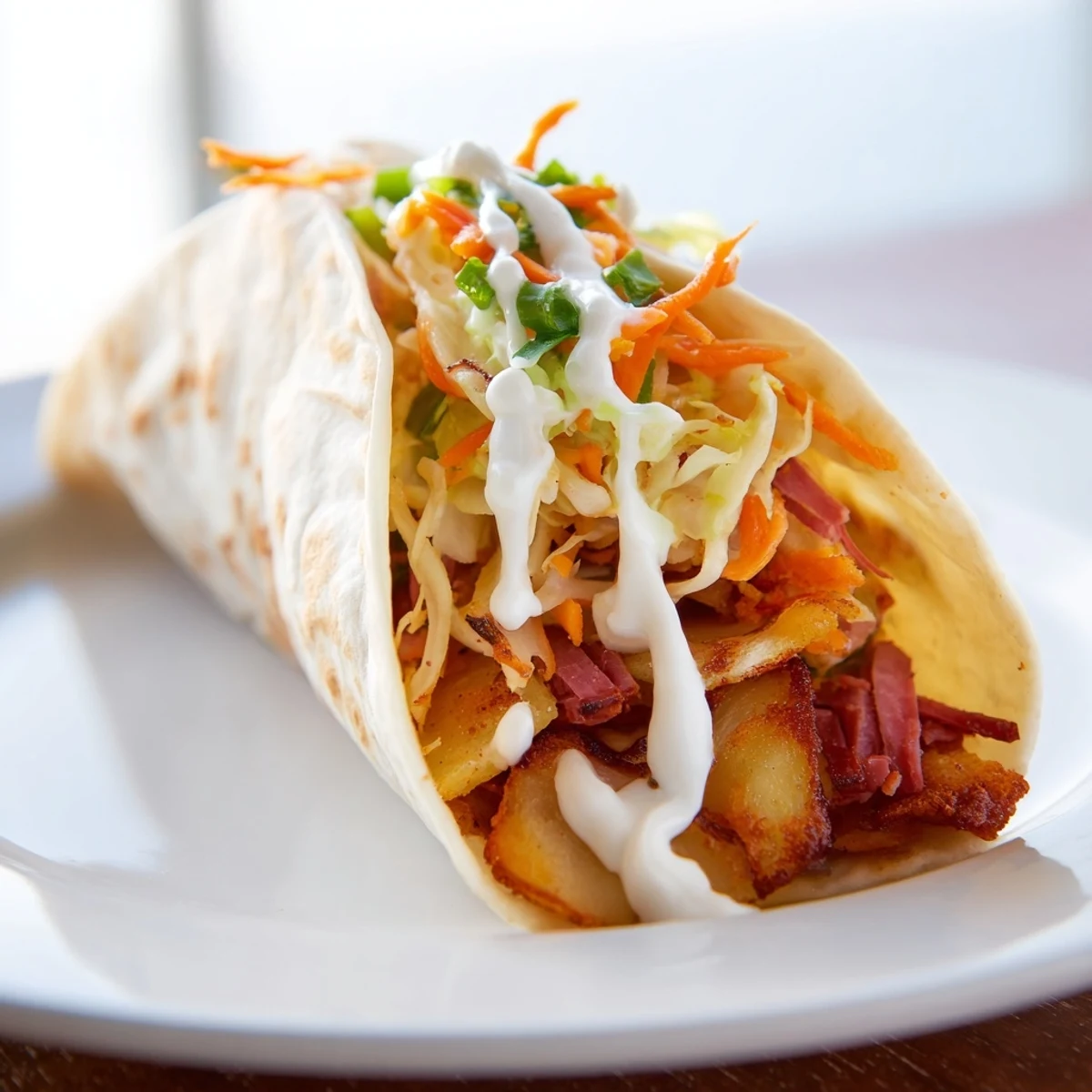 Warm flour tortillas filled with tender corned beef and crispy golden potatoes for Irish tacos