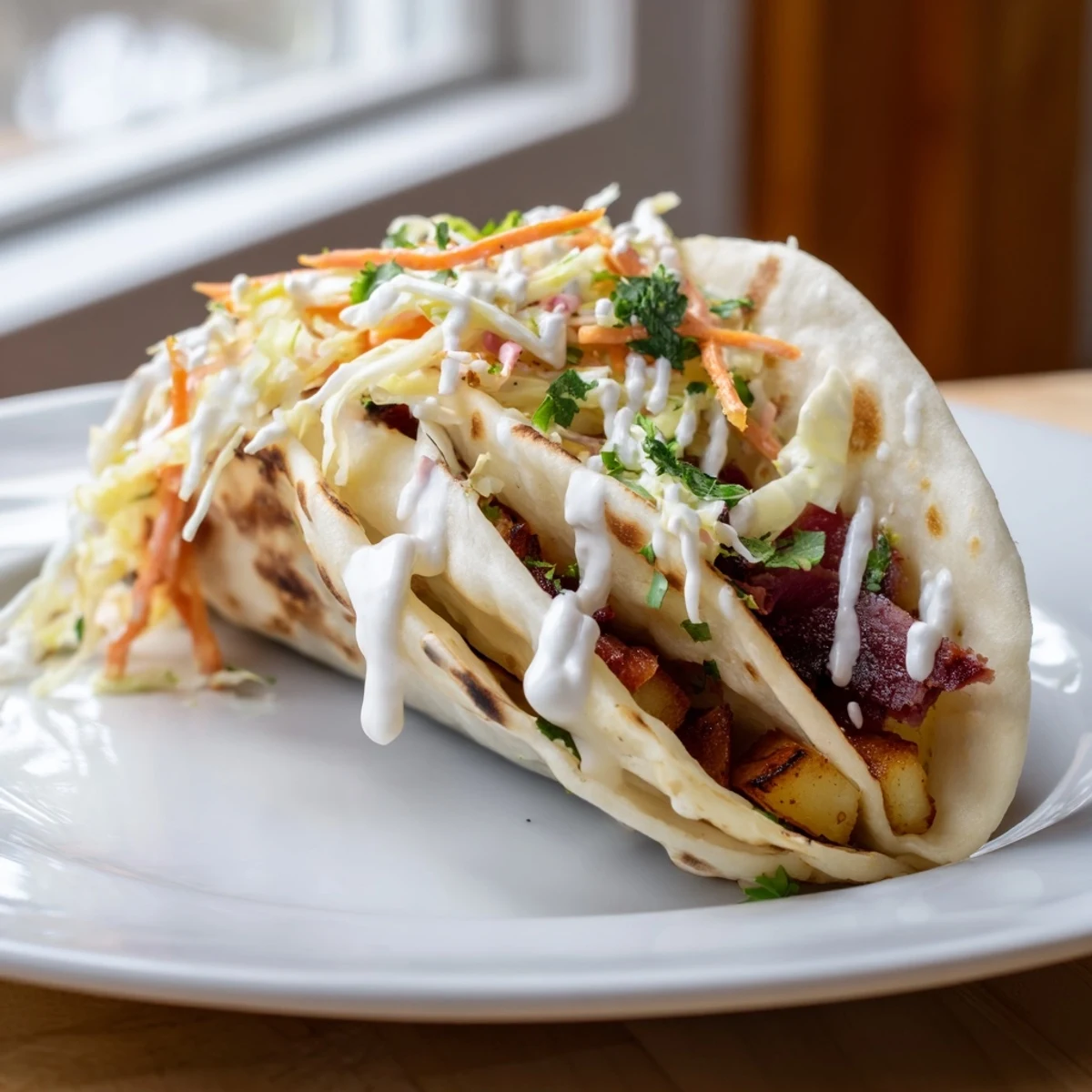 Hearty Irish tacos showcase shredded corned beef with zesty slaw and warm flour tortillas