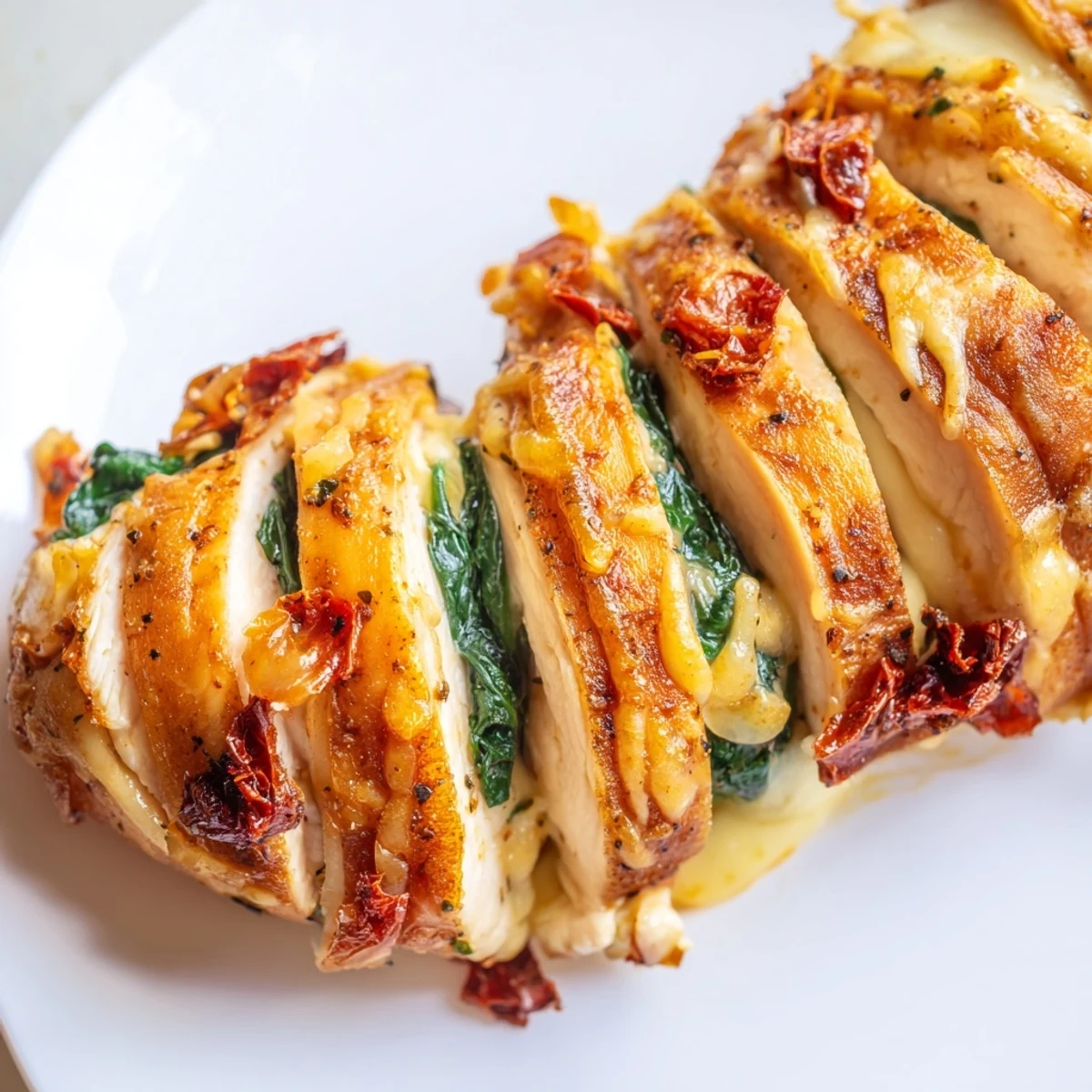 Golden Hasselback chicken with melted mozzarella, spinach, and sun-dried tomatoes oozing from crispy slices