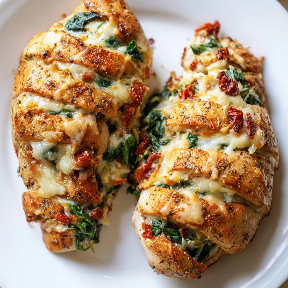 Tender Hasselback chicken breasts stuffed with savory filling, baked until golden brown and bubbling