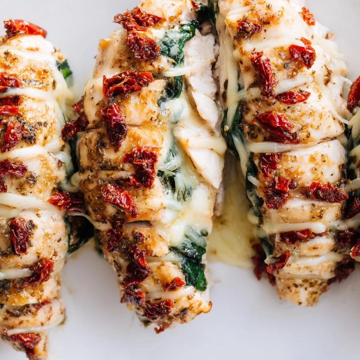 Sliced Hasselback chicken breast on a white plate, revealing cheesy spinach and tomato layers inside