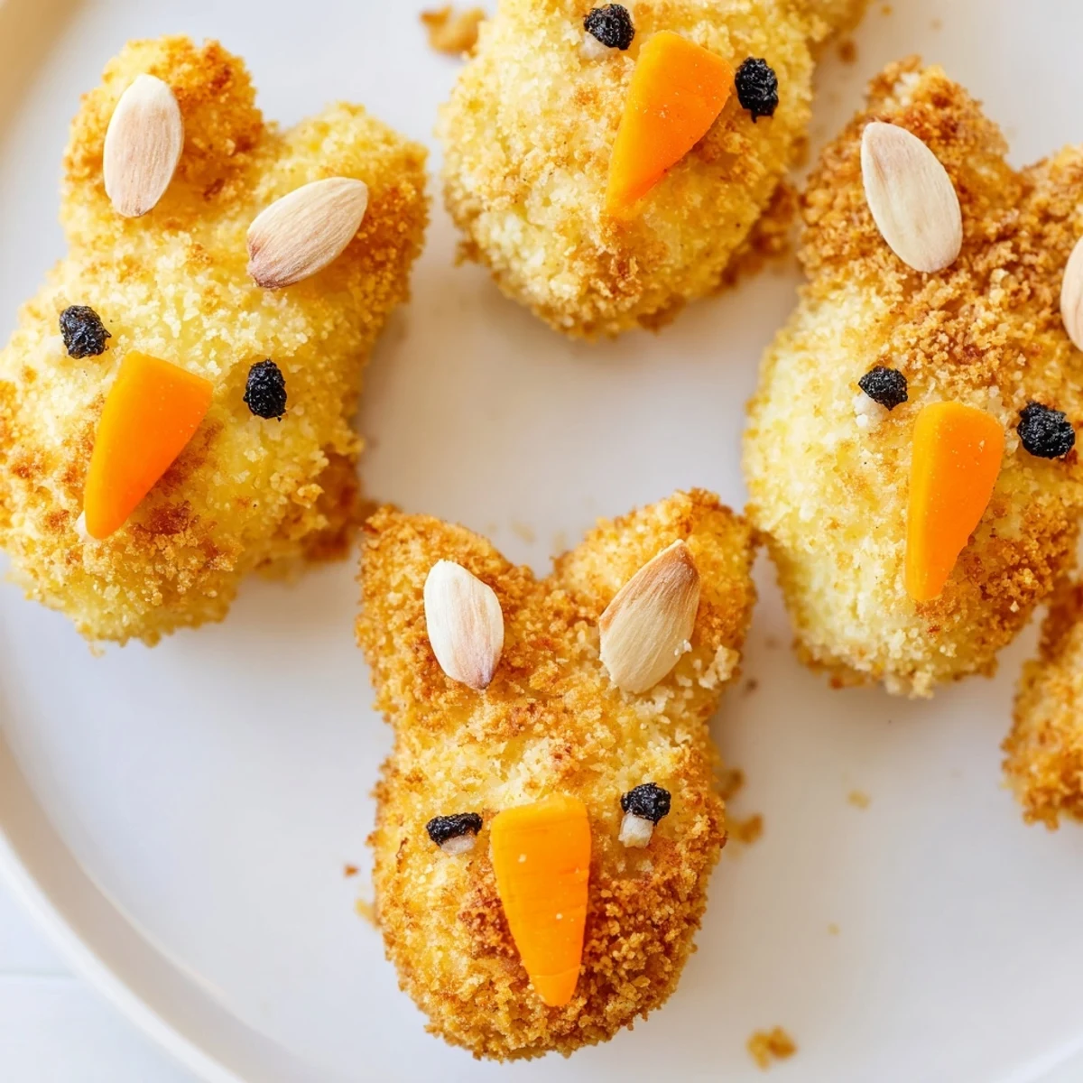 Crispy fried bunny-shaped mashed potato treats with almond ears and peppercorn eyes close up