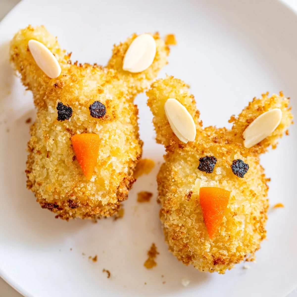 Fluffy potato croquettes shaped like adorable bunnies with panko coating and decorative carrot noses