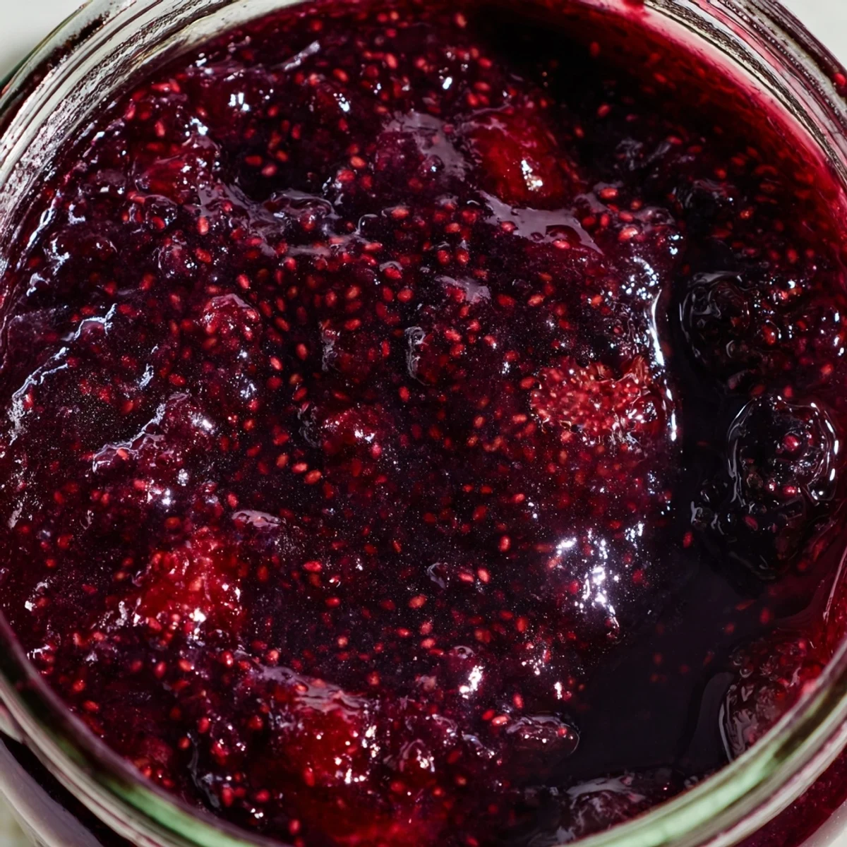 Glass jar filled with vibrant purple Easy Berry Chia Seed Jam topped with fresh whole strawberries