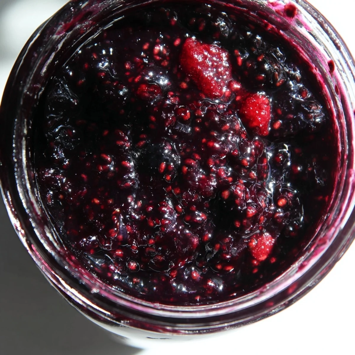 Spoon scooping thick Easy Berry Chia Seed Jam mixed with blackberries and raspberries onto rustic wooden board