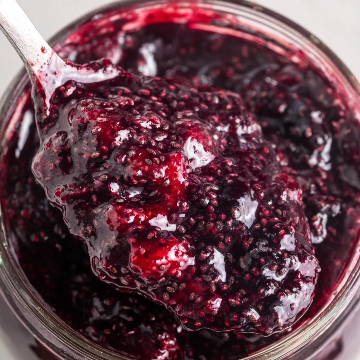 Golden toast generously spread with Easy Berry Chia Seed Jam garnished with fresh mint leaves