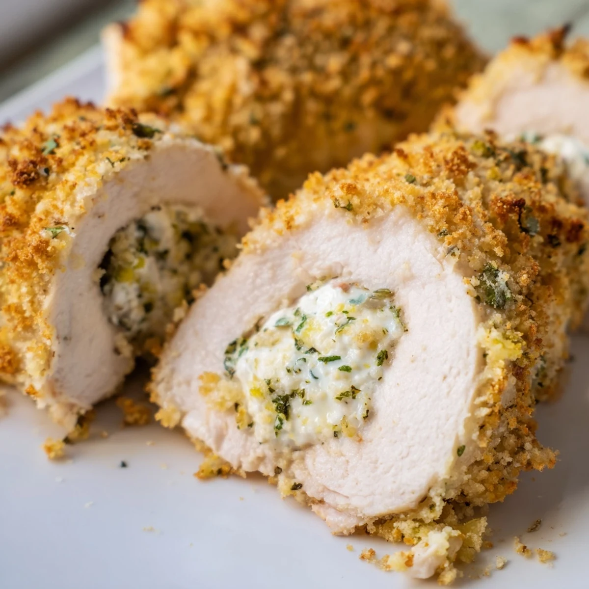 Golden brown herbed ricotta stuffed chicken rolls baked to perfection with crispy breadcrumb topping