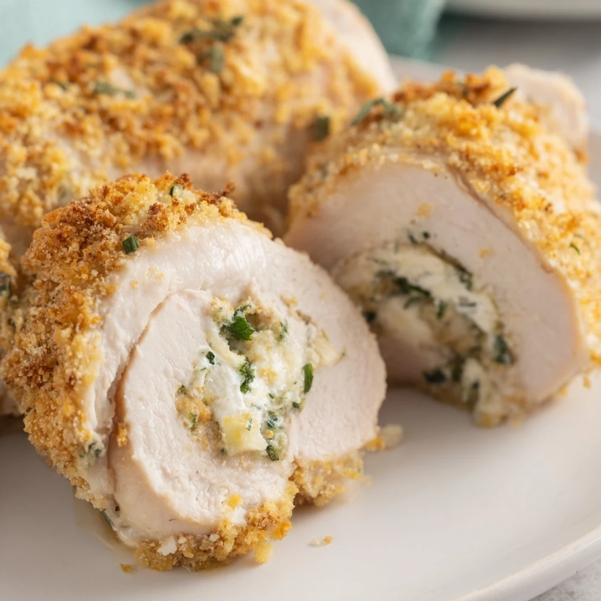Sliced herbed ricotta stuffed chicken rolls revealing the flavorful white cheese and herb filling