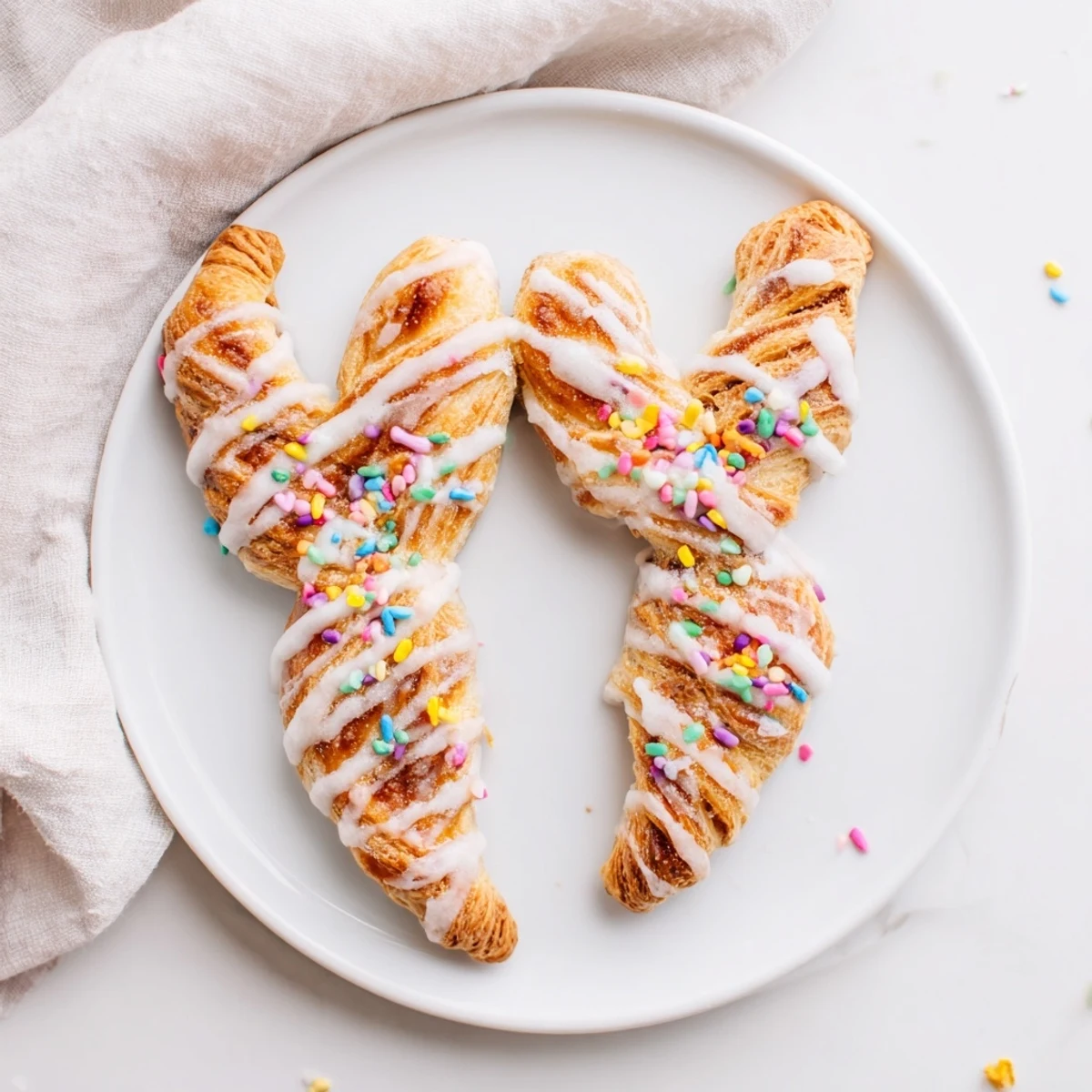 Golden brown Easter Bunny Twists drizzled with white glaze and colorful sprinkles on white plate