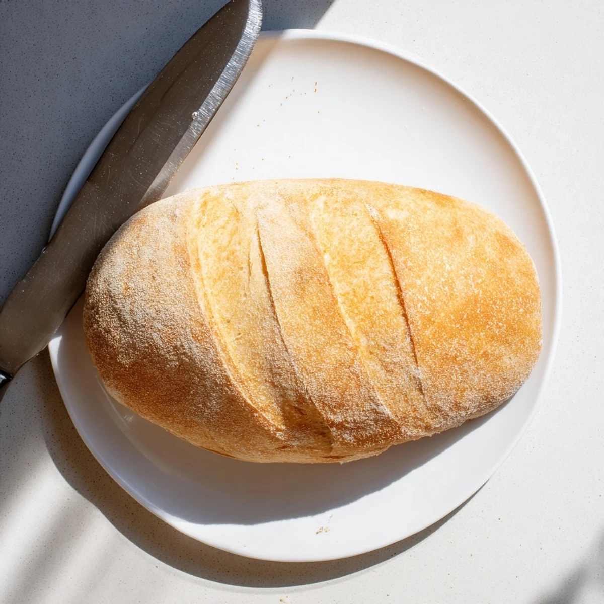 Freshly baked crusty Italian bread broken open revealing soft chewy interior texture