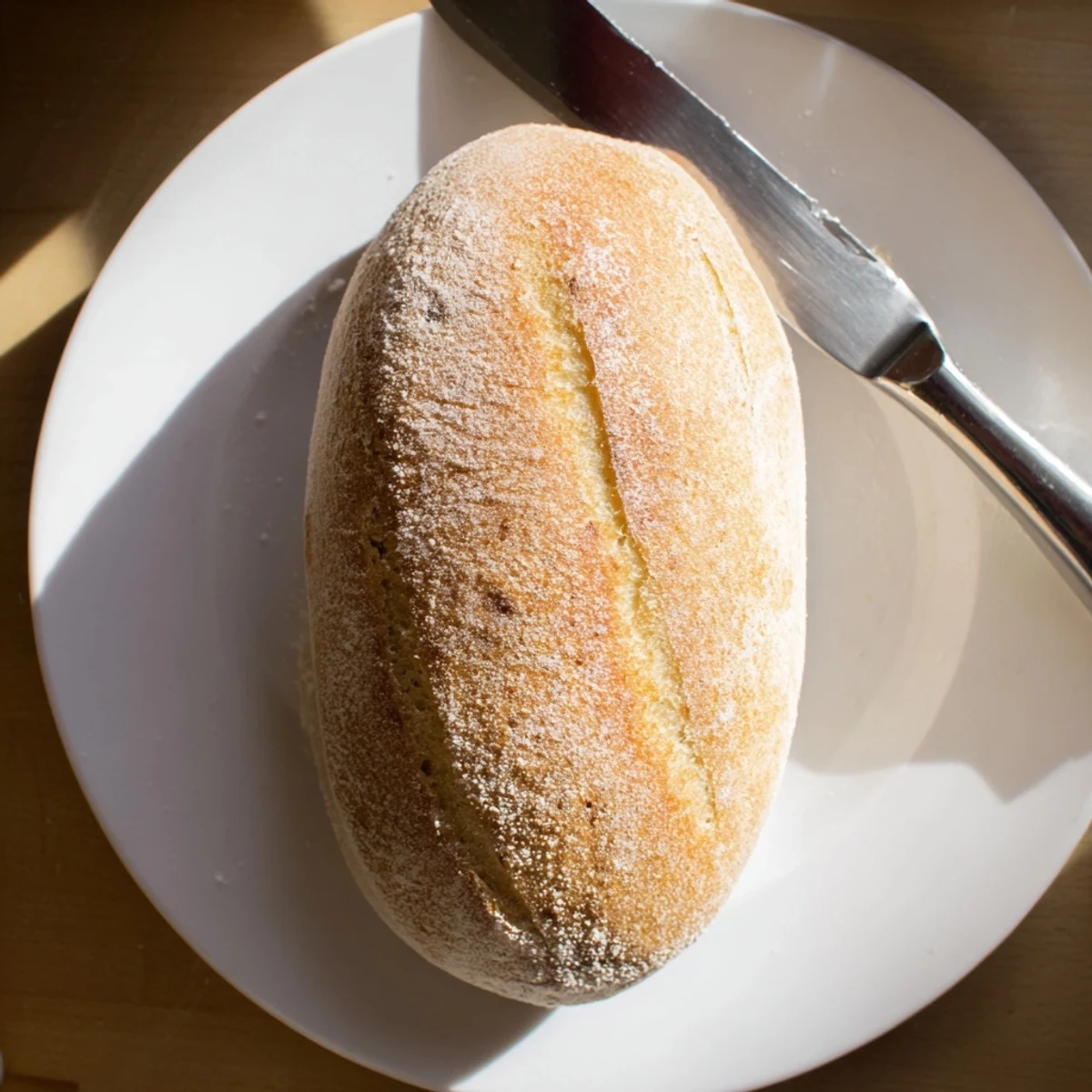 Whole crusty Italian bread on wooden board with golden brown crackling exterior