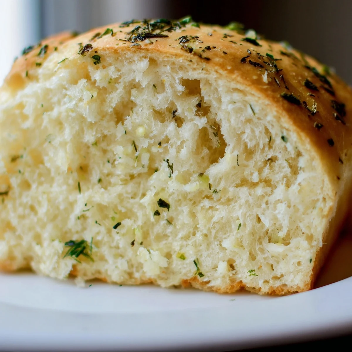 Warm garlic and herb bread pulled apart revealing soft interior and melted butter swirls