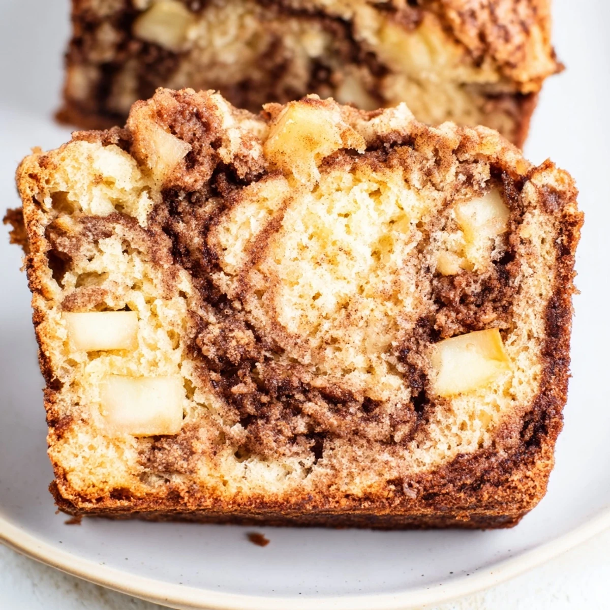 Golden cinnamon apple bread loaf with visible apple chunks and sugary cinnamon swirl on top