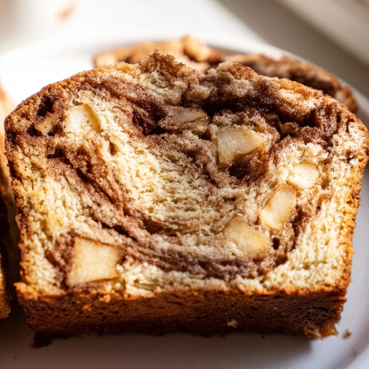 Warm cinnamon apple bread fresh from the oven with diced apples and sweet cinnamon sugar swirl topping