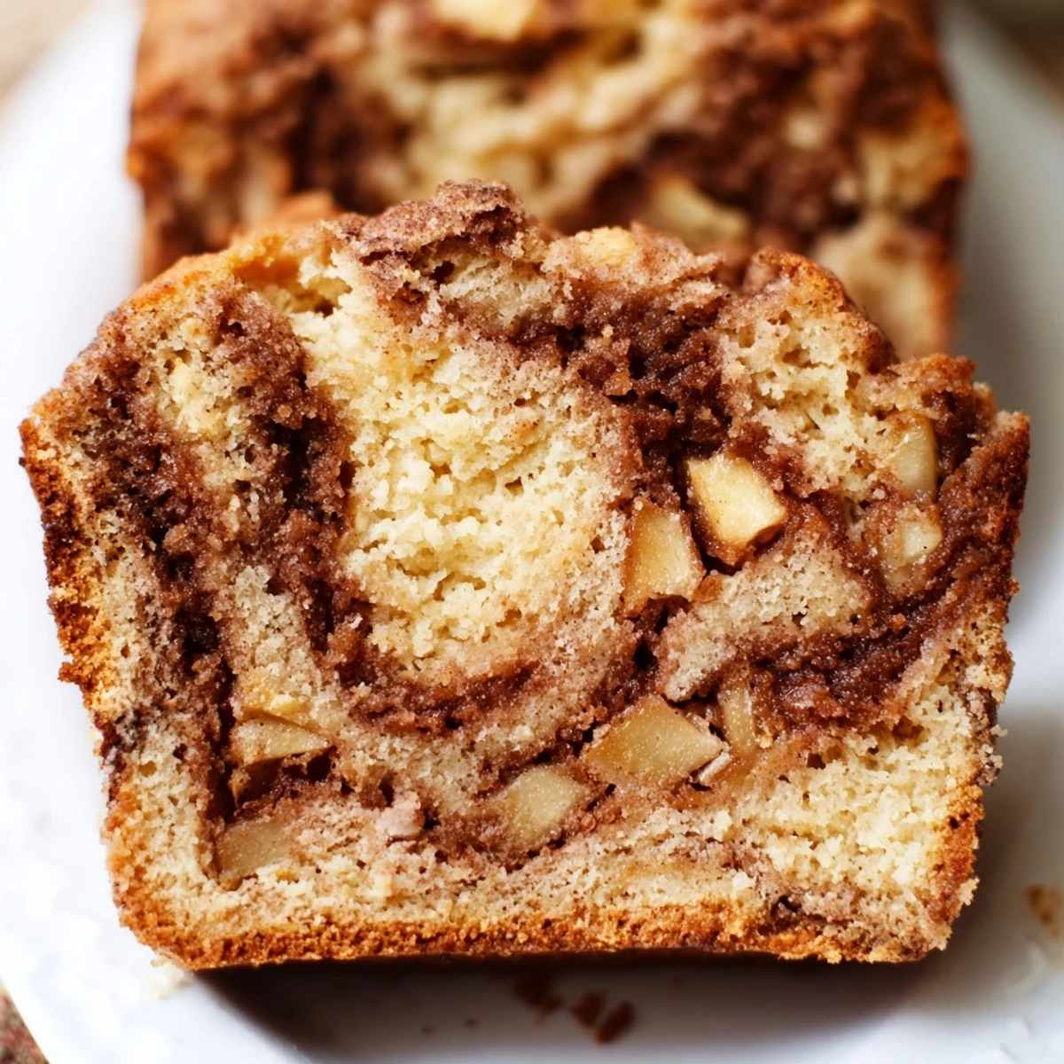 Moist homemade cinnamon apple bread sliced to reveal tender apple pieces and cinnamon sugar ribbon
