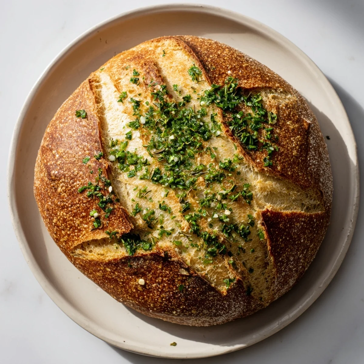 Golden brown Garlic Herb Dutch Oven Bread with a crackling crust and tender interior, garnished with fresh parsley on a wooden cutting board