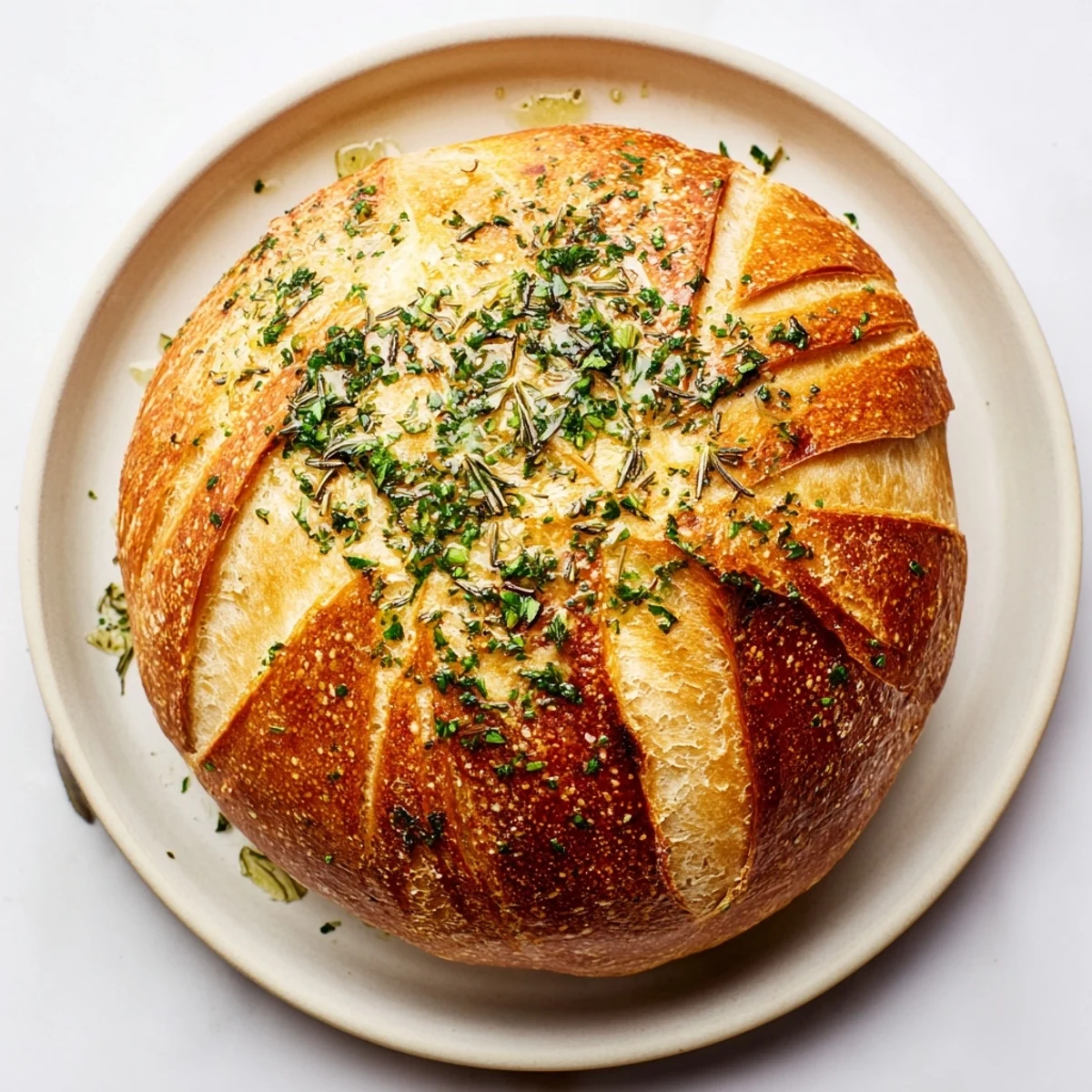 Rustic Garlic Herb Dutch Oven Bread sliced to reveal soft crumb flecked with rosemary and thyme, brushed with melted butter