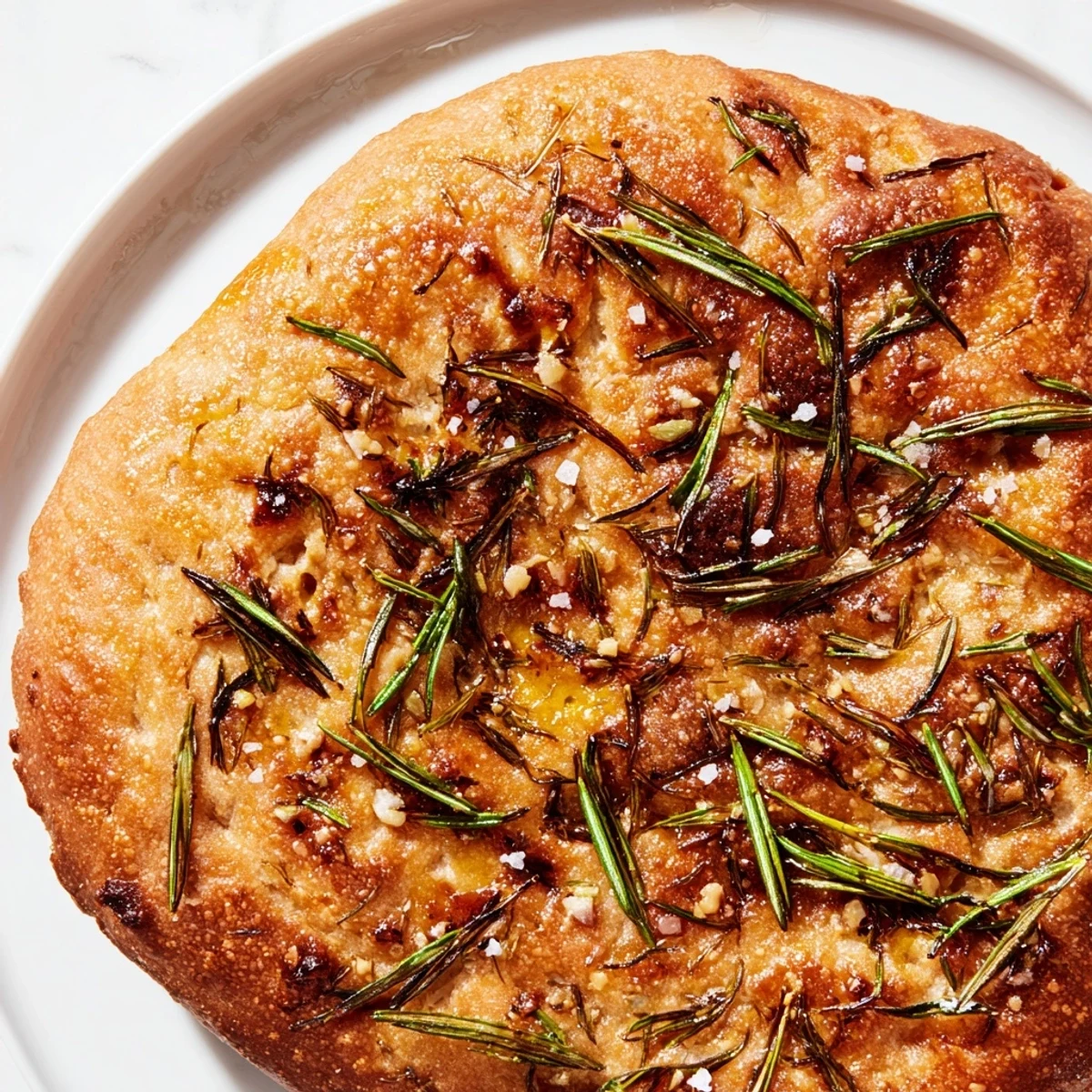 Golden rustic garlic rosemary skillet bread with flaky sea salt sprinkled on top