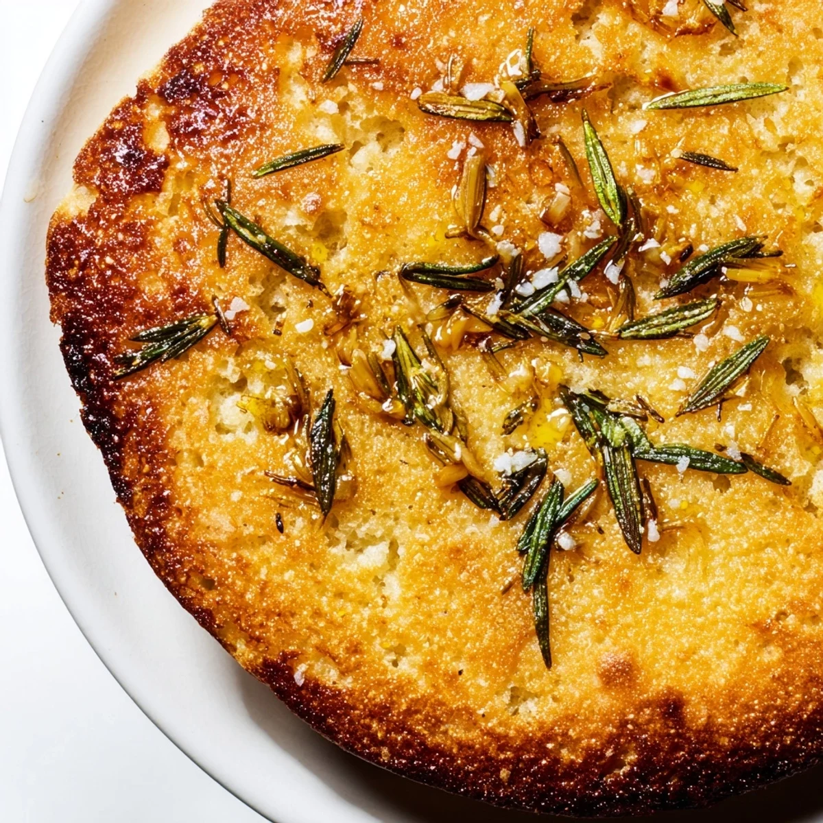 Warm cast iron skillet bread featuring aromatic rosemary and roasted garlic crust