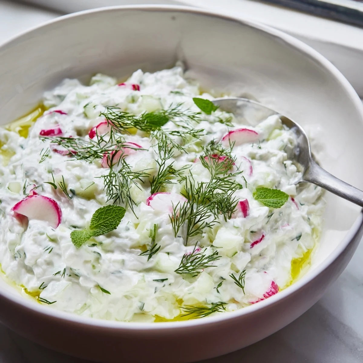 Mediterranean healthy radish tzatziki dip served with crisp vegetable crudités and herbs