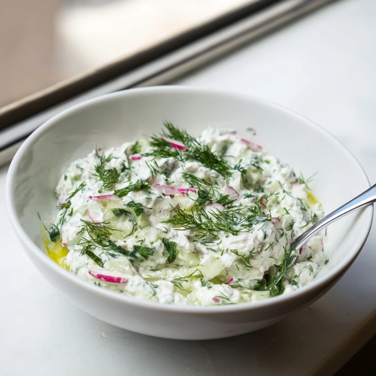 Creamy healthy radish tzatziki dip topped with fresh dill and olive oil drizzle