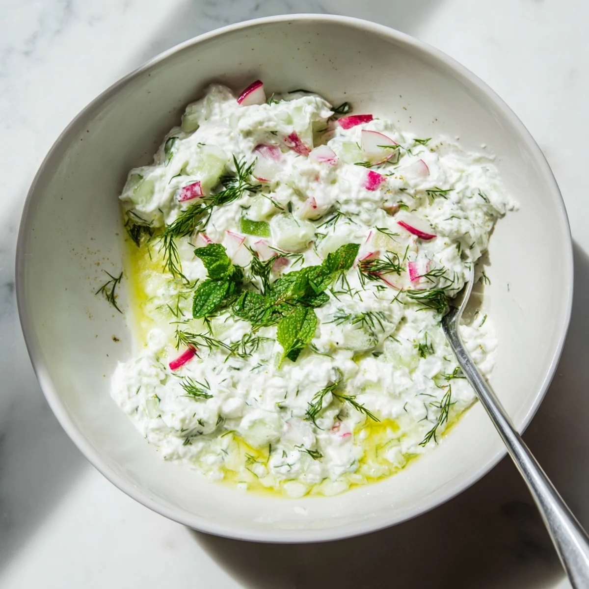 White bowl of healthy radish tzatziki dip garnished with mint and cucumber slices