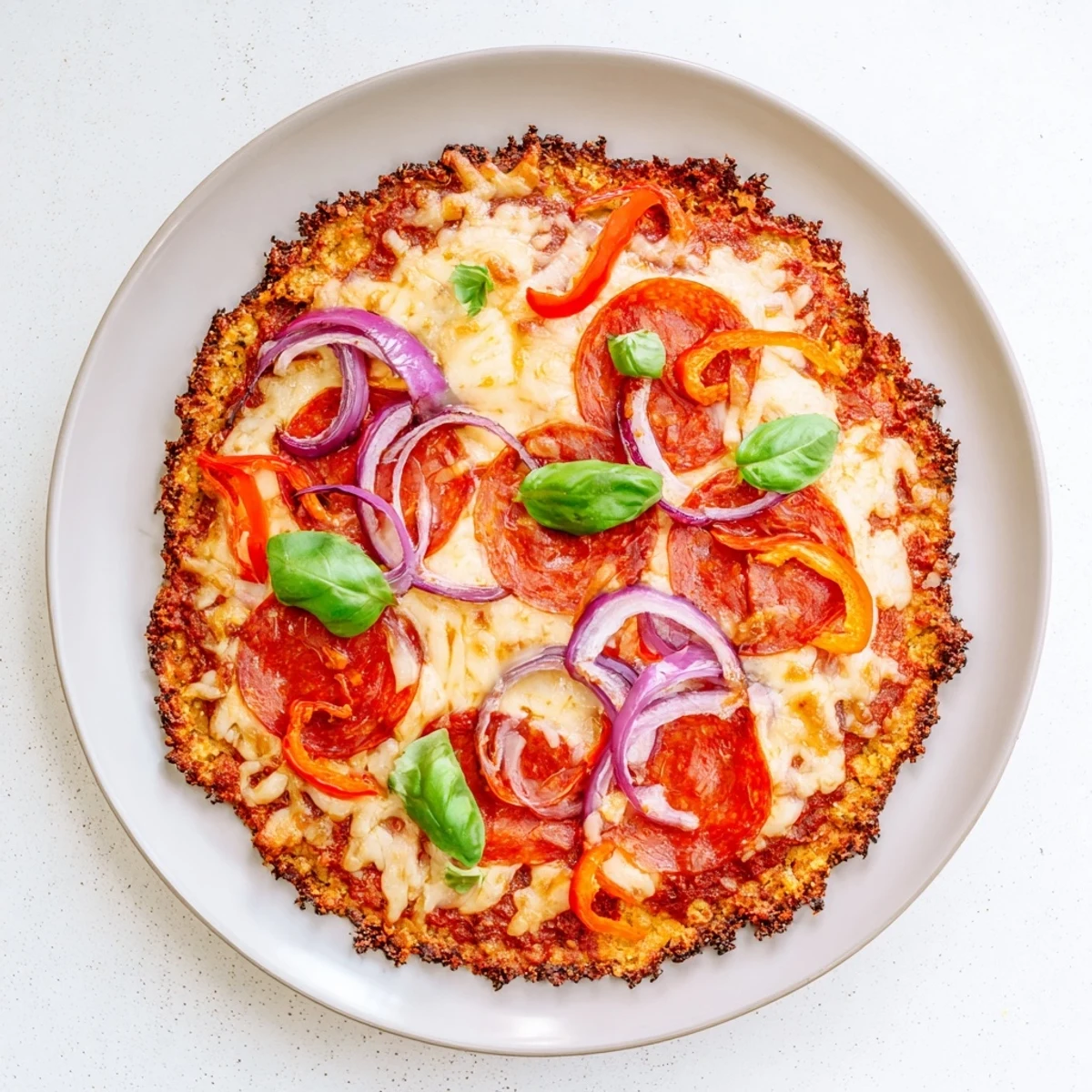 Gluten-free chicken crust pizza bubbling with cheese, red onions, and fresh basil garnish