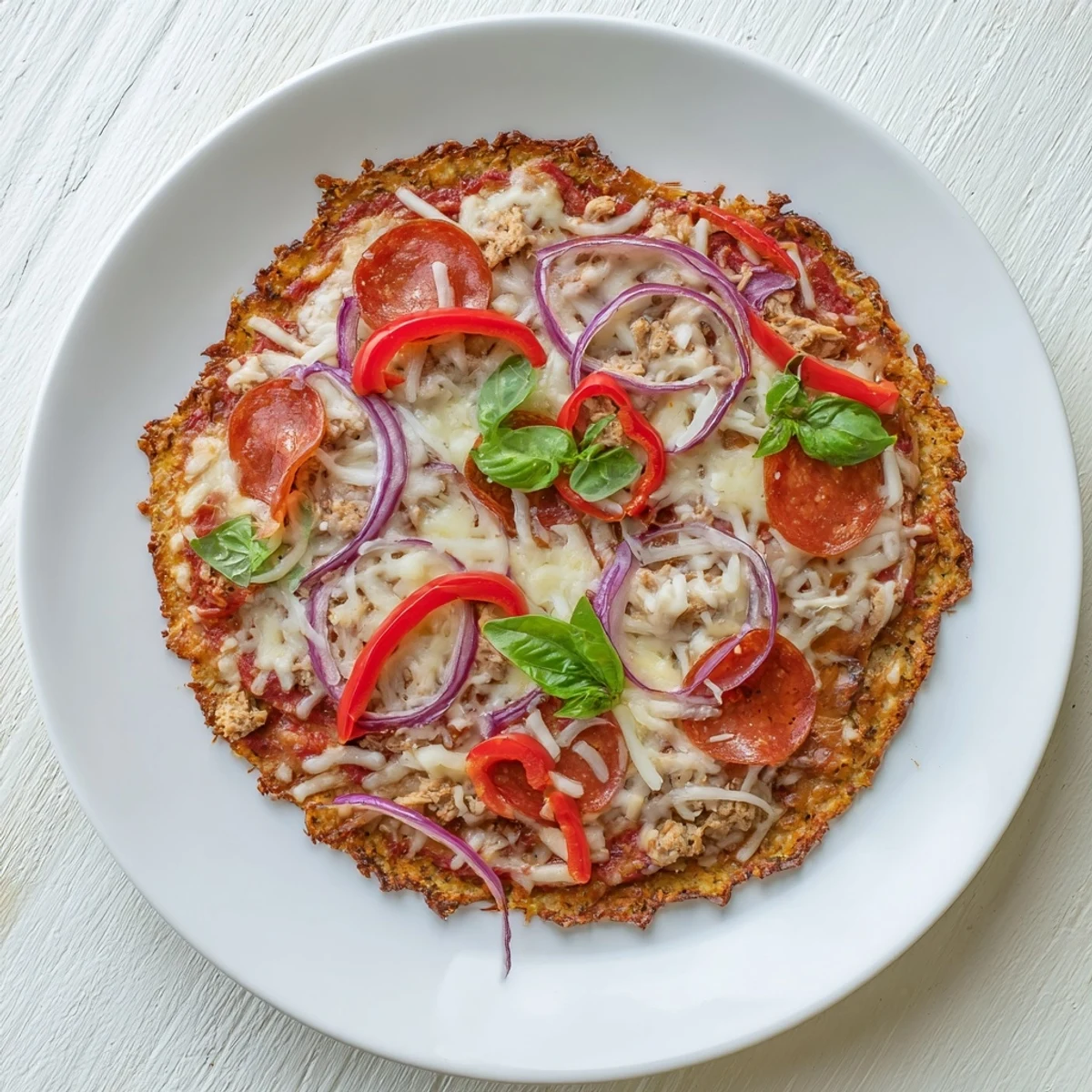 Sizzling low-carb chicken crust pizza featuring golden edges and colorful vegetable toppings