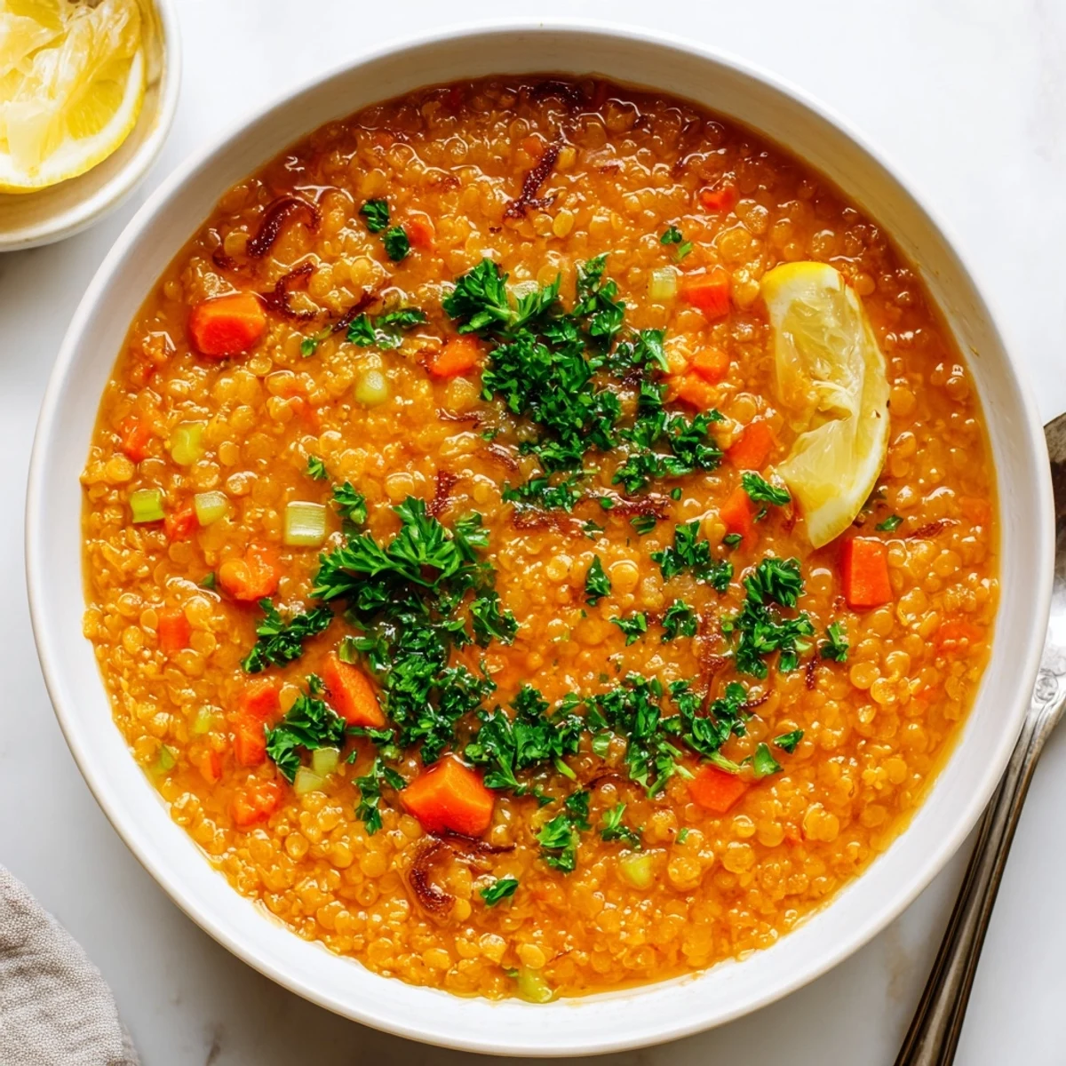 Creamy caramelized onion red lentil soup topped with fresh parsley in a white bowl