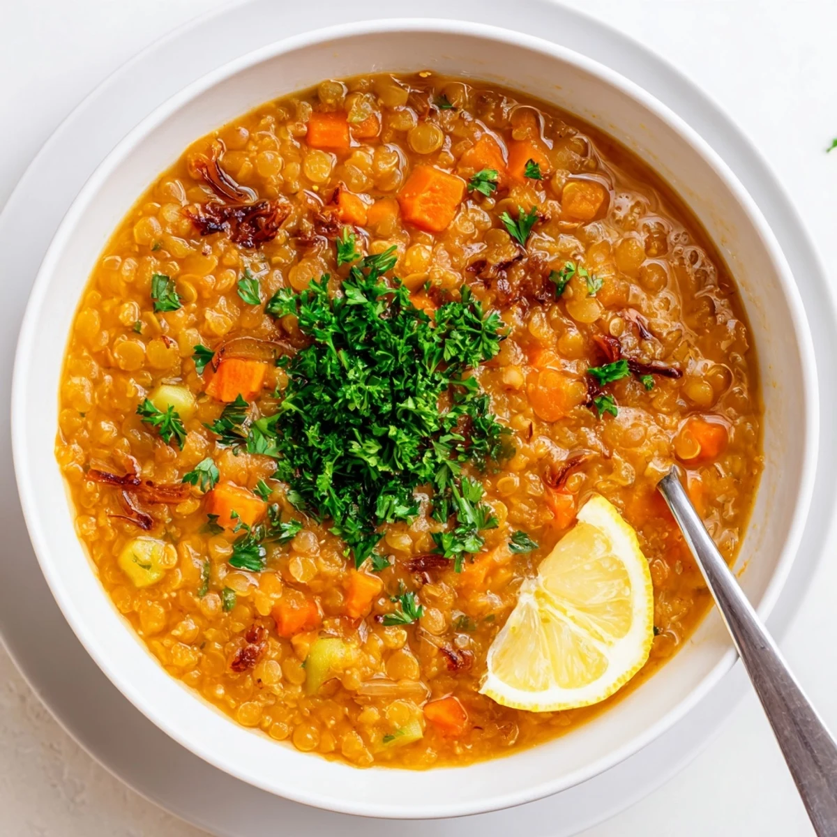 Golden caramelized onion red lentil soup garnished with lemon wedges on rustic wooden table