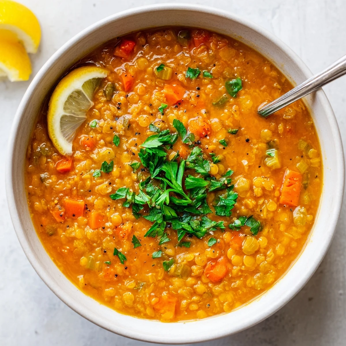 Steaming bowl of caramelized onion red lentil soup with crusty bread on the side
