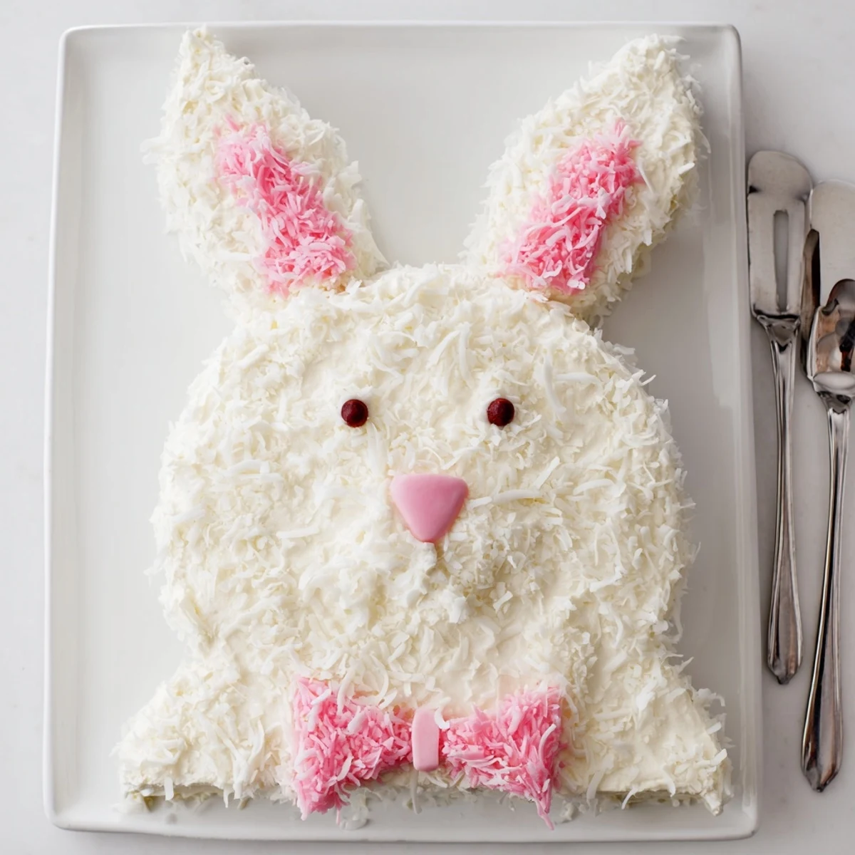 Adorable bunny cake covered in fluffy coconut frosting with candy facial features on white serving platter